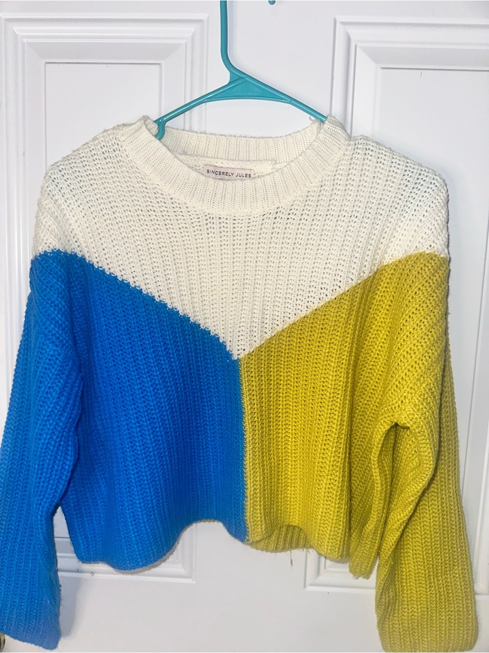 Sincerely Jules Colorblock Cropped Crew Sweater - White, Blue, Yellow